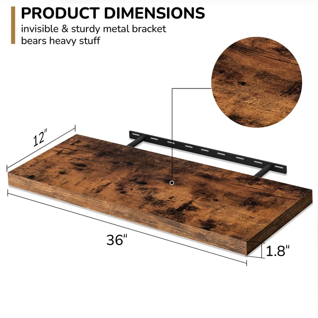 Alt view image 2 of 7 - Floating Shelves - 2 Pack 12 Inch Rustic Wooden Wall Shelves - Extra Deeper & Thicker Wall Mounted Storage Shelf for Living Room, Kitchen, Farmhouse - 36" W x 12" D x 1.8" H - Brown