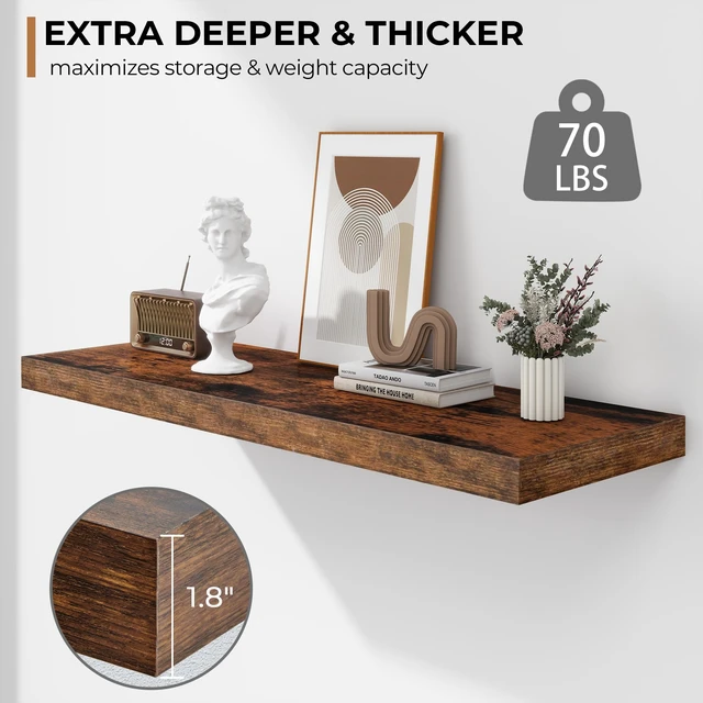 Alt view image 3 of 7 - Floating Shelves - 2 Pack 12 Inch Rustic Wooden Wall Shelves - Extra Deeper & Thicker Wall Mounted Storage Shelf for Living Room, Kitchen, Farmhouse - 36" W x 12" D x 1.8" H - Brown
