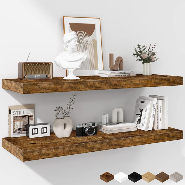Main image of Floating Shelves - 2 Pack 12 Inch Rustic Wooden Wall Shelves - Extra Deeper & Thicker Wall Mounted Storage Shelf for Living Room, Kitchen, Farmhouse - 36" W x 12" D x 1.8" H - Brown
