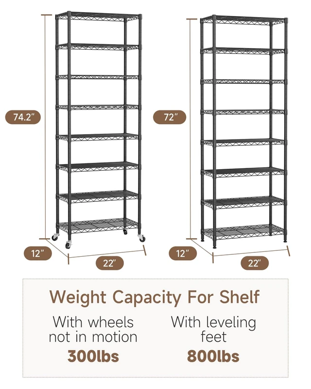 Alt view image 5 of 7 - 8Tier Adjustable Storage Shelves Metal Wire Shelving Standing Shelf | Utility Heavy Duty Unit Rack Closet Organize for Home Kitchen Laundry Room Organization Pantry 12"Dx22"Wx72"H Black
