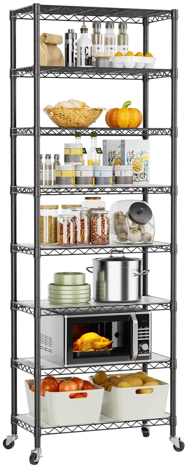 Main image of Shelves Storage Shelf Wire Closet Bathroom Organizers Metal Pantry | 8 tier Kitchen Garage Shelving Unit Laundry Room Organization Home Rack Net Basket Black with Wheels 11.7D X 22W X 74.2H