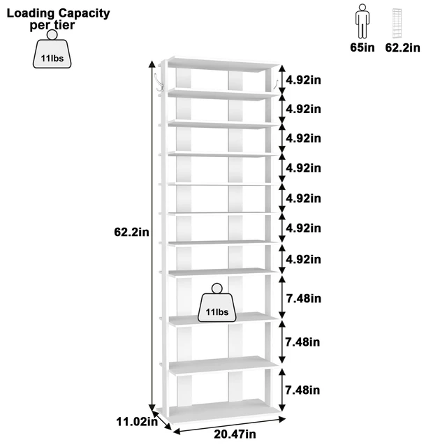 Alt view image 4 of 7 - 10-Tier Corner Shoe Tower - Double Rows, Slim Shoe Stand for 20 Pairs - Entryway, Hallway, Closet (White)