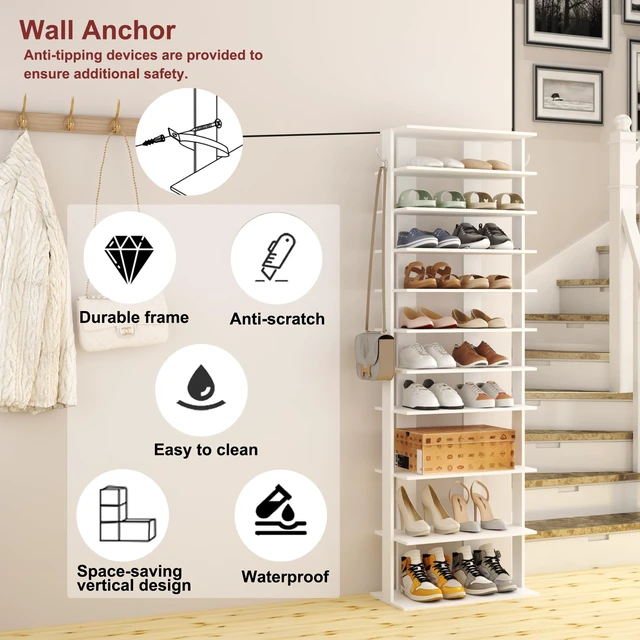 Alt view image 5 of 7 - 10-Tier Corner Shoe Tower - Double Rows, Slim Shoe Stand for 20 Pairs - Entryway, Hallway, Closet (White)