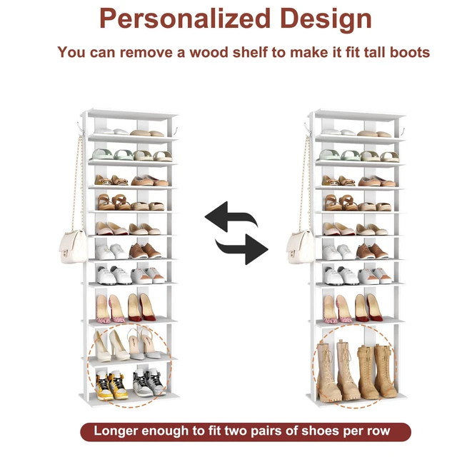 Alt view image 6 of 7 - 10-Tier Corner Shoe Tower - Double Rows, Slim Shoe Stand for 20 Pairs - Entryway, Hallway, Closet (White)