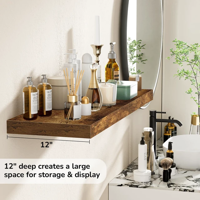Alt view image 5 of 7 - Floating Shelves - 2 Pack 12 Inch Rustic Wooden Wall Shelves - Extra Deeper & Thicker Wall Mounted Storage Shelf for Living Room, Kitchen, Farmhouse - 36" W x 12" D x 1.8" H - Brown
