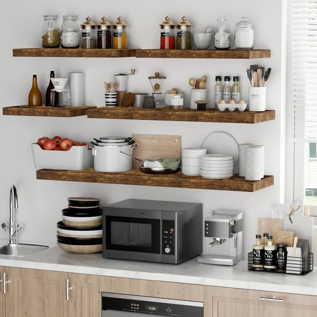 Alt view image 6 of 7 - Floating Shelves - 2 Pack 12 Inch Rustic Wooden Wall Shelves - Extra Deeper & Thicker Wall Mounted Storage Shelf for Living Room, Kitchen, Farmhouse - 36" W x 12" D x 1.8" H - Brown