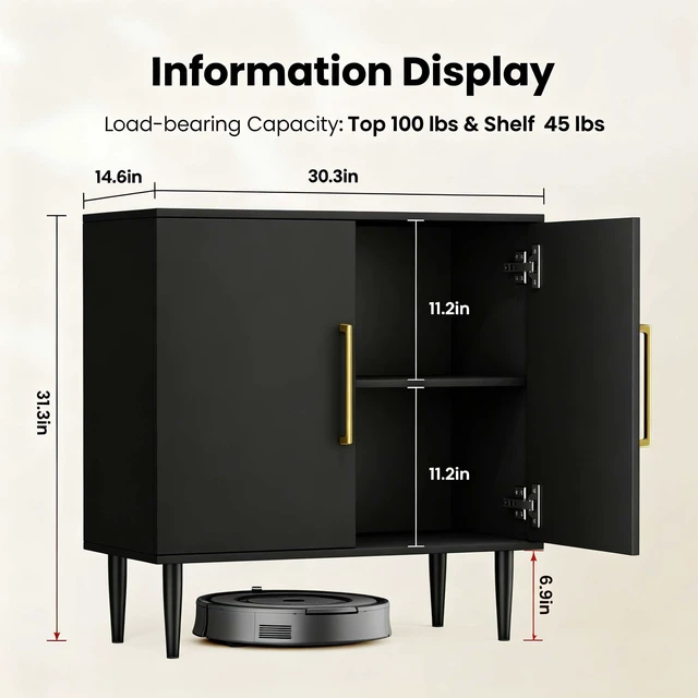 Alt view image 2 of 7 - Black Storage Cabinet with Doors, Modern Accent Cabinet, Free Standing Cabinet with Adjustable Shelf, Wooden Buffet Sideboards for Living Room, Kitchen, Dining Room, Entryway