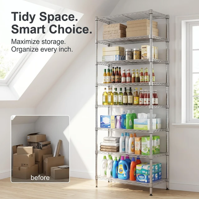 Alt view image 3 of 7 - 8-Tier Wire Shelving Unit Adjustable Steel Wire Rack Shelving 8 Shelves Steel Storage Rack or Two 4-Tier Shelving Units with PE mat, Leveling Feet and Safety Device, NSF Certified, Chrome