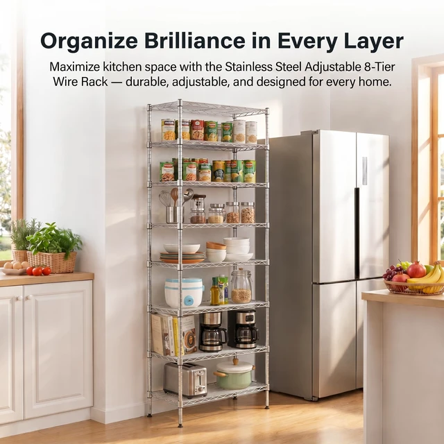 Alt view image 2 of 7 - 8-Tier Wire Shelving Unit Adjustable Steel Wire Rack Shelving 8 Shelves Steel Storage Rack or Two 4-Tier Shelving Units with PE mat, Leveling Feet and Safety Device, NSF Certified, Chrome