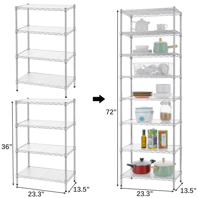 Alt view image 4 of 7 - 8-Tier Wire Shelving Unit Adjustable Steel Wire Rack Shelving 8 Shelves Steel Storage Rack or Two 4-Tier Shelving Units with PE mat, Leveling Feet and Safety Device, NSF Certified, Chrome