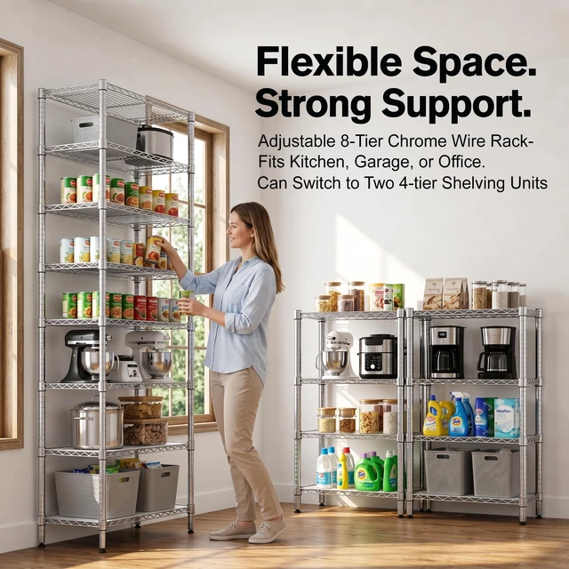 Alt view image 6 of 7 - 8-Tier Wire Shelving Unit Adjustable Steel Wire Rack Shelving 8 Shelves Steel Storage Rack or Two 4-Tier Shelving Units with PE mat, Leveling Feet and Safety Device, NSF Certified, Chrome