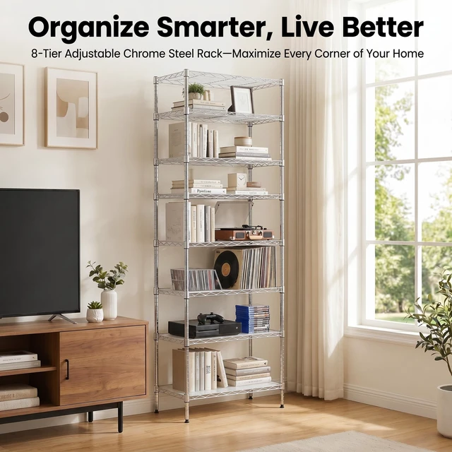 Alt view image 5 of 7 - 8-Tier Wire Shelving Unit Adjustable Steel Wire Rack Shelving 8 Shelves Steel Storage Rack or Two 4-Tier Shelving Units with PE mat, Leveling Feet and Safety Device, NSF Certified, Chrome