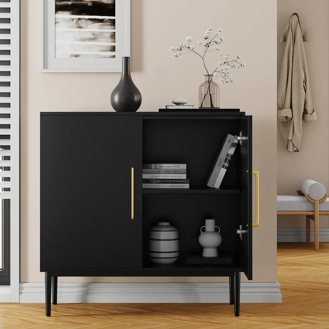 Alt view image 4 of 7 - Black Storage Cabinet with Doors, Modern Accent Cabinet, Free Standing Cabinet with Adjustable Shelf, Wooden Buffet Sideboards for Living Room, Kitchen, Dining Room, Entryway
