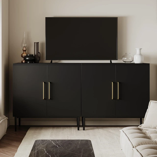 Alt view image 5 of 7 - Black Storage Cabinet with Doors, Modern Accent Cabinet, Free Standing Cabinet with Adjustable Shelf, Wooden Buffet Sideboards for Living Room, Kitchen, Dining Room, Entryway