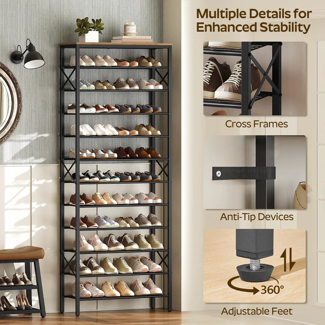 Alt view image 6 of 7 - 12 Tier Shoe Rack, Large Capacity Shoe Storage Organizer Holds 48 Pairs, Sturdy and Stable, for Entryway, Hallway, Closet, Dorm Room, Rustic Brown SS12BR