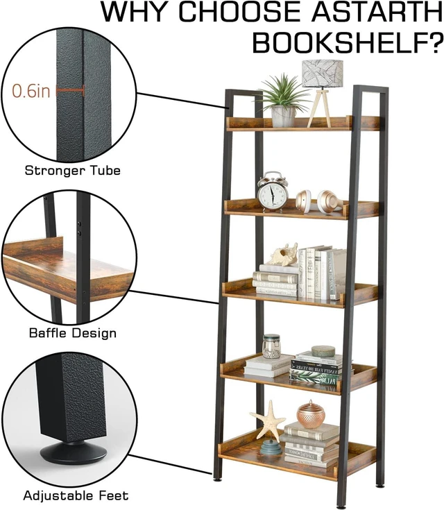 Alt view image 3 of 7 - 5-Tier Ladder Shelf, 67 Inch Tall Open Floor Standing Bookshelf | Wooden Display Shelves with Metal Frame, for Living Room, Home Office, Rustic Brown