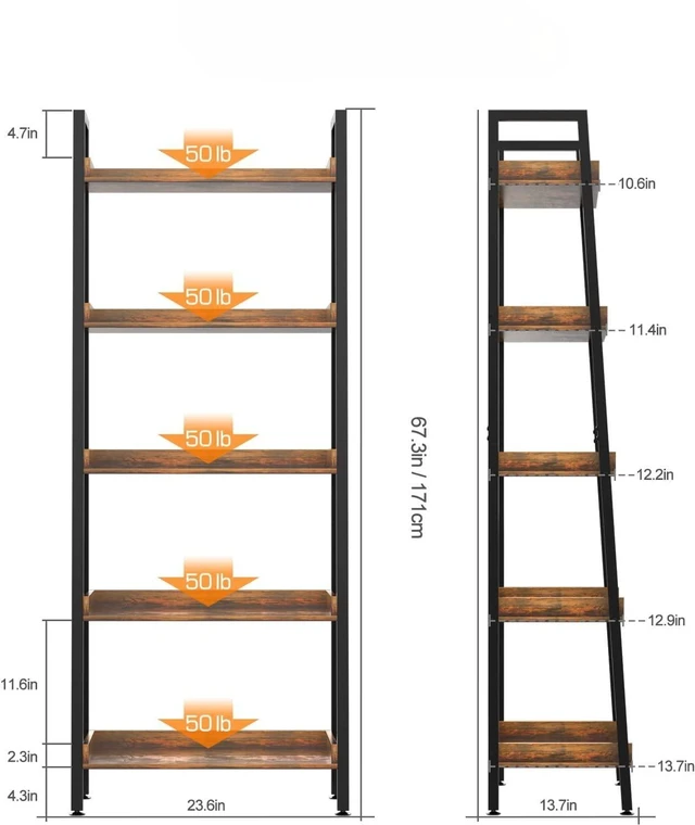 Alt view image 2 of 7 - 5-Tier Ladder Shelf, 67 Inch Tall Open Floor Standing Bookshelf | Wooden Display Shelves with Metal Frame, for Living Room, Home Office, Rustic Brown