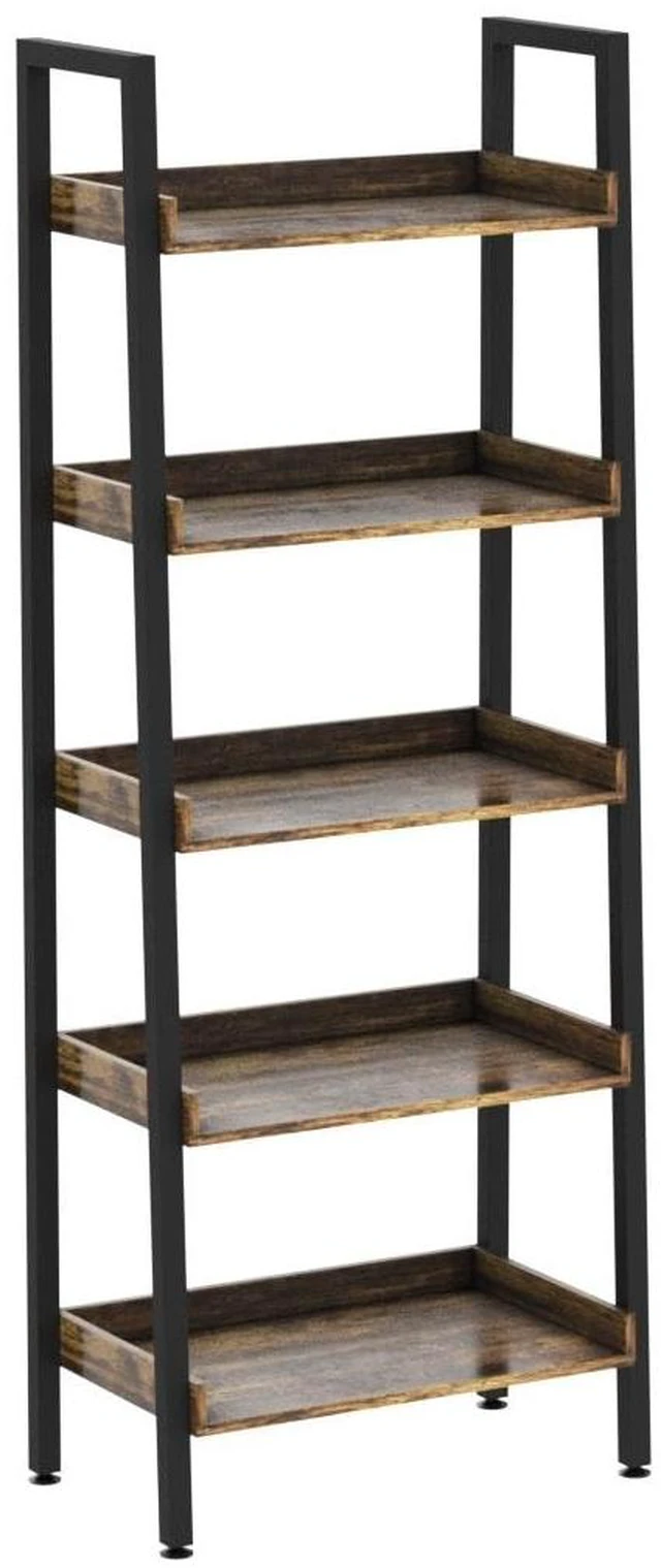 Alt view image 4 of 7 - 5-Tier Ladder Shelf, 67 Inch Tall Open Floor Standing Bookshelf | Wooden Display Shelves with Metal Frame, for Living Room, Home Office, Rustic Brown