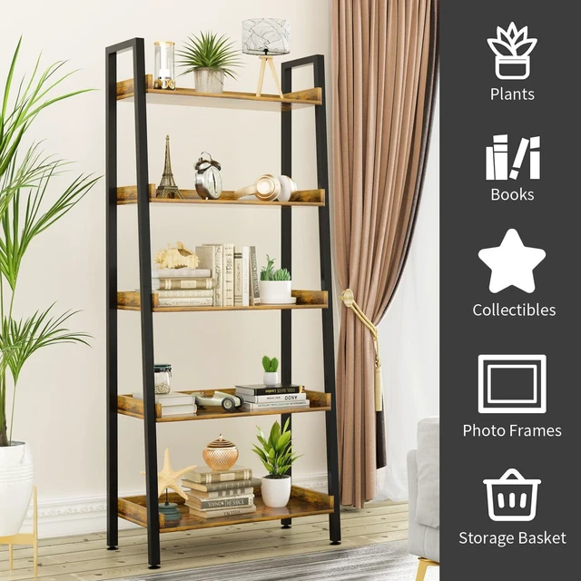 Alt view image 5 of 7 - 5-Tier Ladder Shelf, 67 Inch Tall Open Floor Standing Bookshelf | Wooden Display Shelves with Metal Frame, for Living Room, Home Office, Rustic Brown