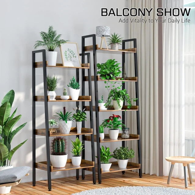 Alt view image 6 of 7 - 5-Tier Ladder Shelf, 67 Inch Tall Open Floor Standing Bookshelf | Wooden Display Shelves with Metal Frame, for Living Room, Home Office, Rustic Brown