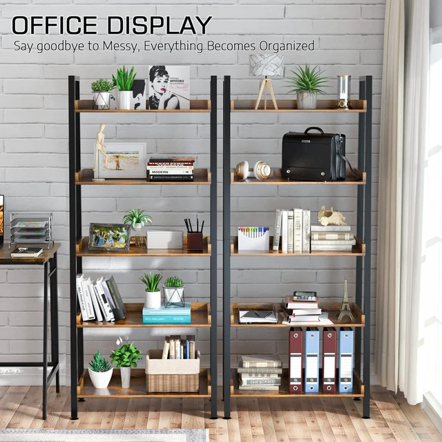 Alt view image 7 of 7 - 5-Tier Ladder Shelf, 67 Inch Tall Open Floor Standing Bookshelf | Wooden Display Shelves with Metal Frame, for Living Room, Home Office, Rustic Brown