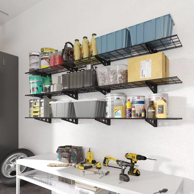Alt view image 2 of 7 - 3-Tier 1x4ft Garage Storage Wall Shelving, Height Adjustable | 12x48inch per Shelf Garage Floating Shelves, Heavy Duty Wall Mounted Shelve, 600lbs Weight Capacity, Black, Classic Series