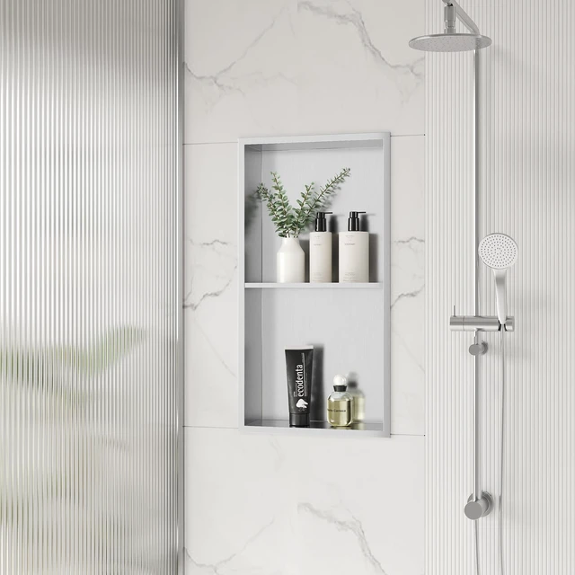 Alt view image 2 of 7 - 12" x 24" Stainless Steel Shower Niche w/Double Shelves, Brushed | No tile Needed Wall Niche, Recessed Niche for Bathroom Storage, Space Saving, Over Mount Installation