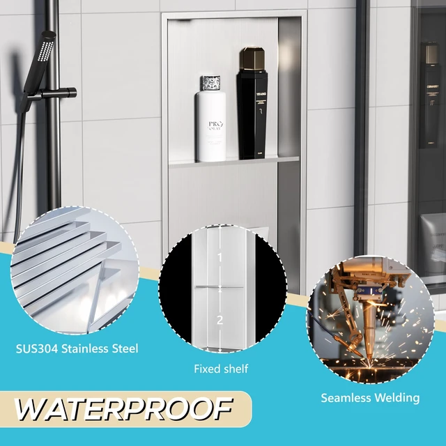 Alt view image 4 of 7 - 12" x 24" Stainless Steel Shower Niche w/Double Shelves, Brushed | No tile Needed Wall Niche, Recessed Niche for Bathroom Storage, Space Saving, Over Mount Installation