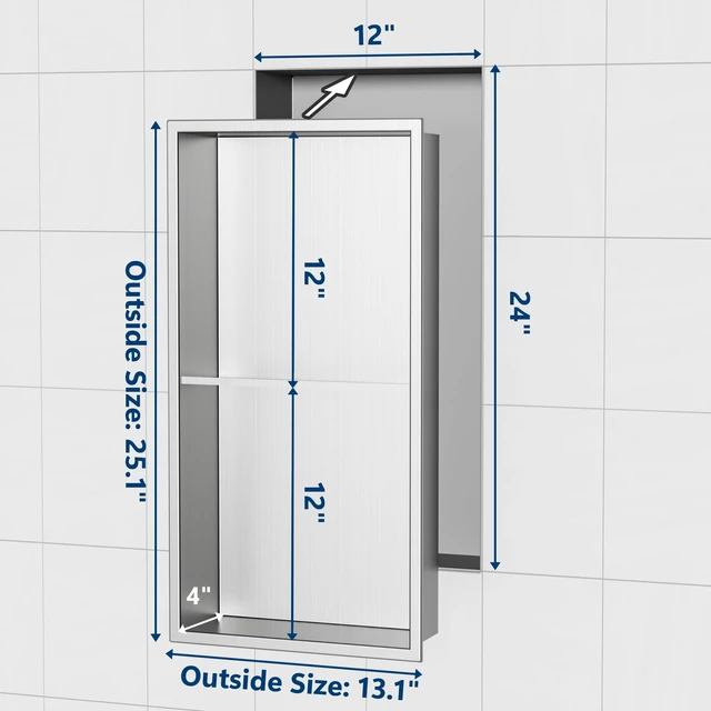 Alt view image 6 of 7 - 12" x 24" Stainless Steel Shower Niche w/Double Shelves, Brushed | No tile Needed Wall Niche, Recessed Niche for Bathroom Storage, Space Saving, Over Mount Installation