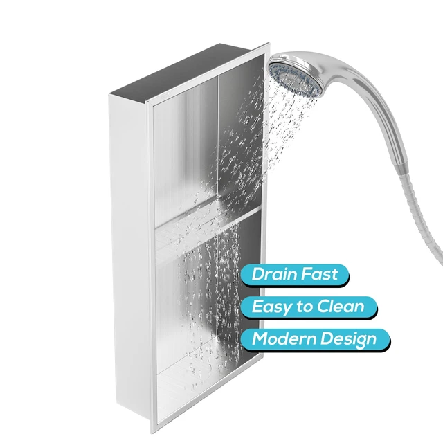 Alt view image 5 of 7 - 12" x 24" Stainless Steel Shower Niche w/Double Shelves, Brushed | No tile Needed Wall Niche, Recessed Niche for Bathroom Storage, Space Saving, Over Mount Installation