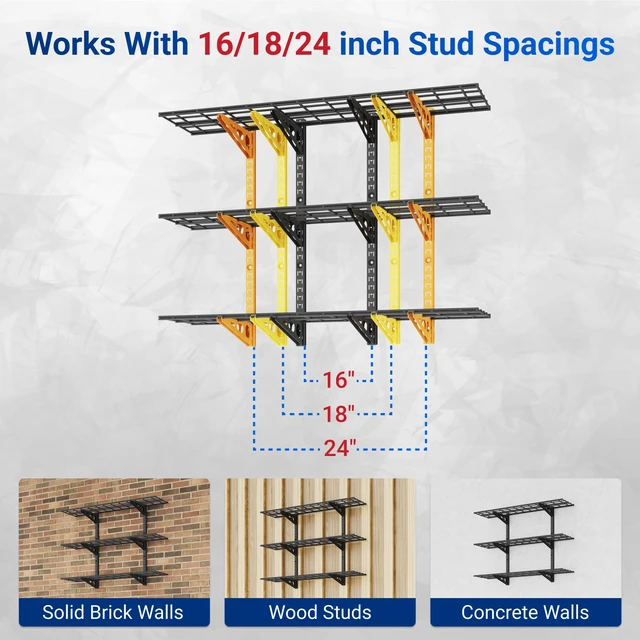 Alt view image 4 of 7 - 3-Tier 1x4ft Garage Storage Wall Shelving, Height Adjustable | 12x48inch per Shelf Garage Floating Shelves, Heavy Duty Wall Mounted Shelve, 600lbs Weight Capacity, Black, Classic Series