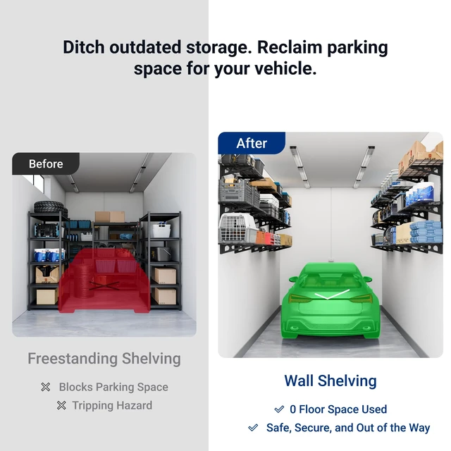 Alt view image 6 of 7 - 3-Tier 1x4ft Garage Storage Wall Shelving, Height Adjustable | 12x48inch per Shelf Garage Floating Shelves, Heavy Duty Wall Mounted Shelve, 600lbs Weight Capacity, Black, Classic Series