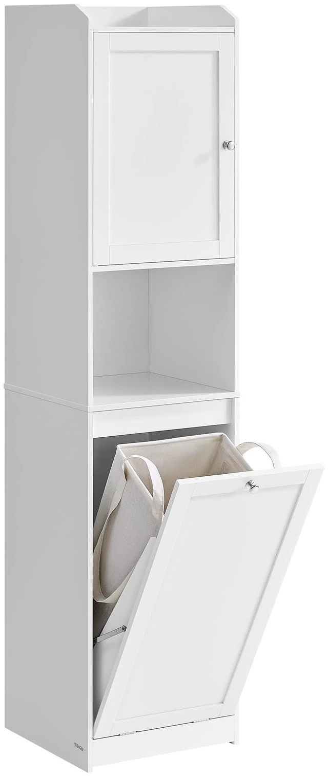 Main image of Tall Storage Cabinet, with Removable Laundry Basket, Cloud White | Compartment, for Bathroom, Living Room, 15.8 x 15.8 x 66.9 Inches, SIREN Collection, UBBC761W01