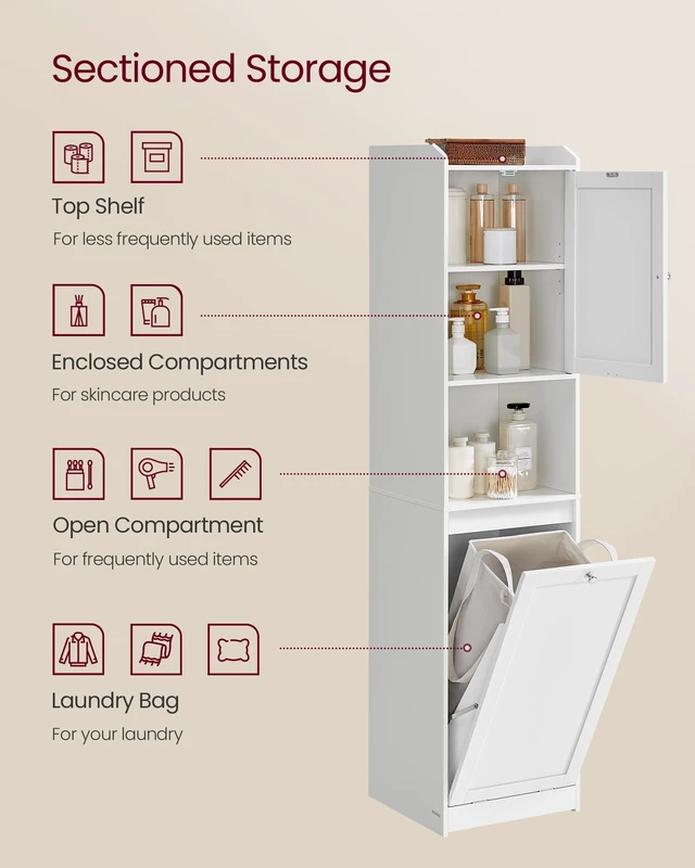 Alt view image 2 of 5 - Tall Storage Cabinet, with Removable Laundry Basket, Cloud White | Compartment, for Bathroom, Living Room, 15.8 x 15.8 x 66.9 Inches, SIREN Collection, UBBC761W01