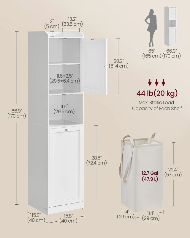 Alt view image 5 of 5 - Tall Storage Cabinet, with Removable Laundry Basket, Cloud White | Compartment, for Bathroom, Living Room, 15.8 x 15.8 x 66.9 Inches, SIREN Collection, UBBC761W01