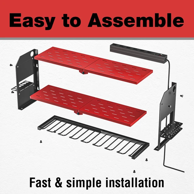 Alt view image 7 of 7 - Power Tool Organizer with Charging Station Wall Mount, Cordless Drill and Battery Holder for Garage Organization, Electric Tools Storage Rack Build in Surge Protection Power Strip - Red Shelf