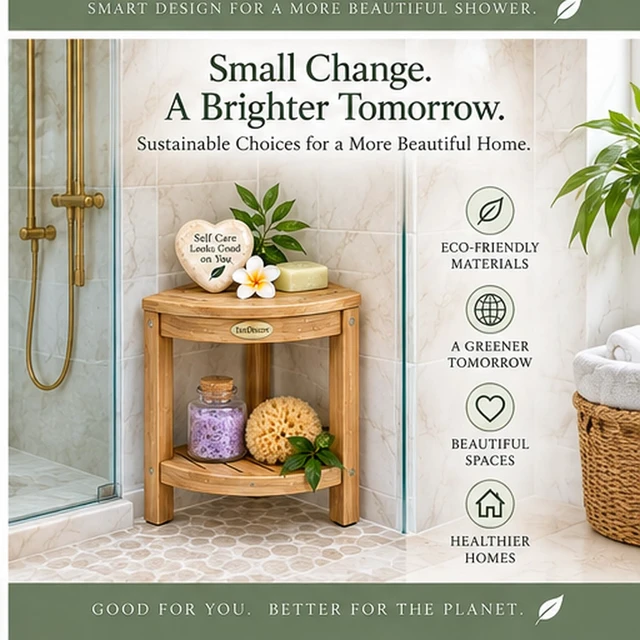 Alt view image 2 of 7 - 2-Tier Teak Corner Shower Shelf with Foot Rest for Bathroom | Solid teak corner shower shelf crafted from sustainably sourced teak with natural water resistance for lasting durability.