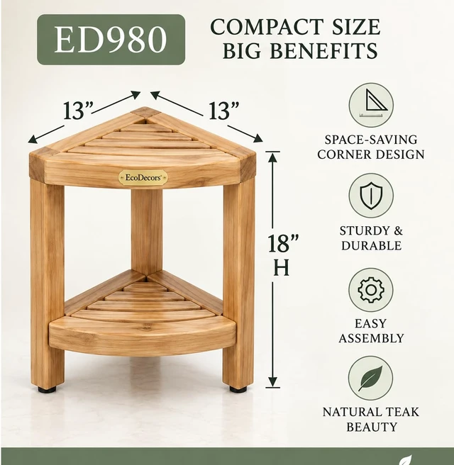 Alt view image 3 of 7 - 2-Tier Teak Corner Shower Shelf with Foot Rest for Bathroom | Solid teak corner shower shelf crafted from sustainably sourced teak with natural water resistance for lasting durability.
