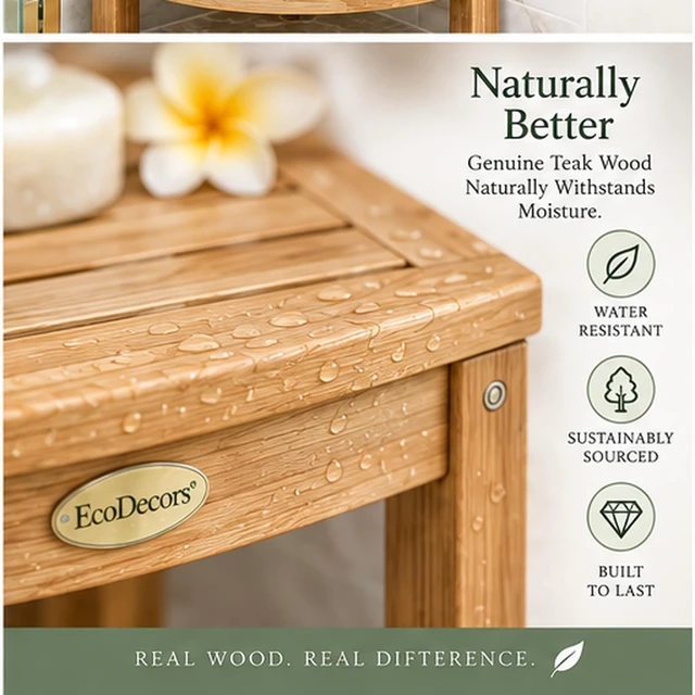Alt view image 4 of 7 - 2-Tier Teak Corner Shower Shelf with Foot Rest for Bathroom | Solid teak corner shower shelf crafted from sustainably sourced teak with natural water resistance for lasting durability.