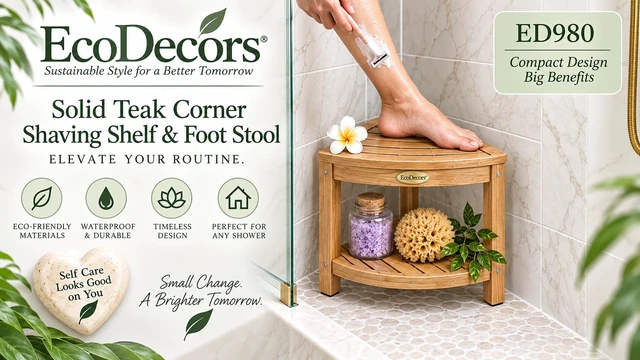 Alt view image 5 of 7 - 2-Tier Teak Corner Shower Shelf with Foot Rest for Bathroom | Solid teak corner shower shelf crafted from sustainably sourced teak with natural water resistance for lasting durability.