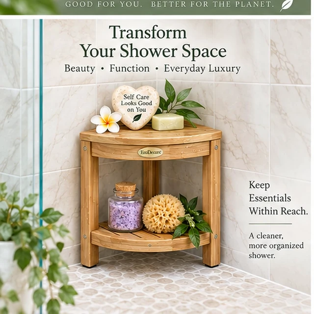 Alt view image 6 of 7 - 2-Tier Teak Corner Shower Shelf with Foot Rest for Bathroom | Solid teak corner shower shelf crafted from sustainably sourced teak with natural water resistance for lasting durability.