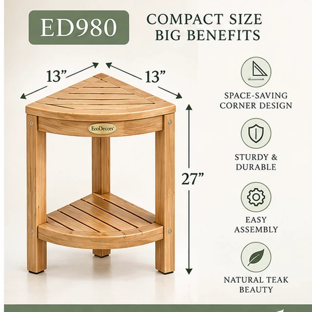 Alt view image 7 of 7 - 2-Tier Teak Corner Shower Shelf with Foot Rest for Bathroom | Solid teak corner shower shelf crafted from sustainably sourced teak with natural water resistance for lasting durability.