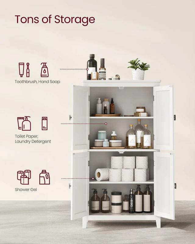 Alt view image 3 of 6 - Bathroom Floor Storage Cabinet with 4 Doors, Cloud White | Freestanding Bathroom Storage Unit, Adjustable Shelf, 23.6 x 11.8 x 43.3 Inches, HELAN Collection UBBC552P31