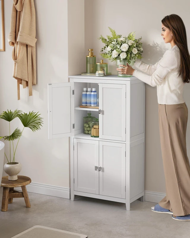 Alt view image 2 of 6 - Bathroom Floor Storage Cabinet with 4 Doors, Cloud White | Freestanding Bathroom Storage Unit, Adjustable Shelf, 23.6 x 11.8 x 43.3 Inches, HELAN Collection UBBC552P31