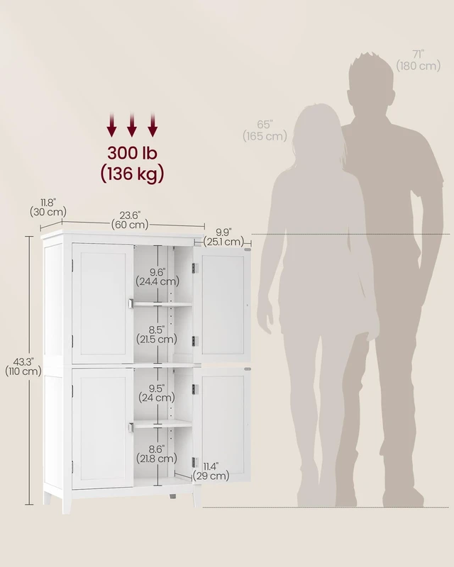 Alt view image 6 of 6 - Bathroom Floor Storage Cabinet with 4 Doors, Cloud White | Freestanding Bathroom Storage Unit, Adjustable Shelf, 23.6 x 11.8 x 43.3 Inches, HELAN Collection UBBC552P31
