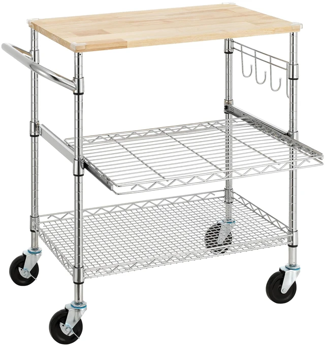 Main image of 3-Tier Rolling Kitchen Cart With 18" D x 30" W Oak Wood Tabletop, Kitchen Island With 4" Wheels and Slider Shelf, Microwave & Coffee Cart With Hooks for Dining Room, Chrome