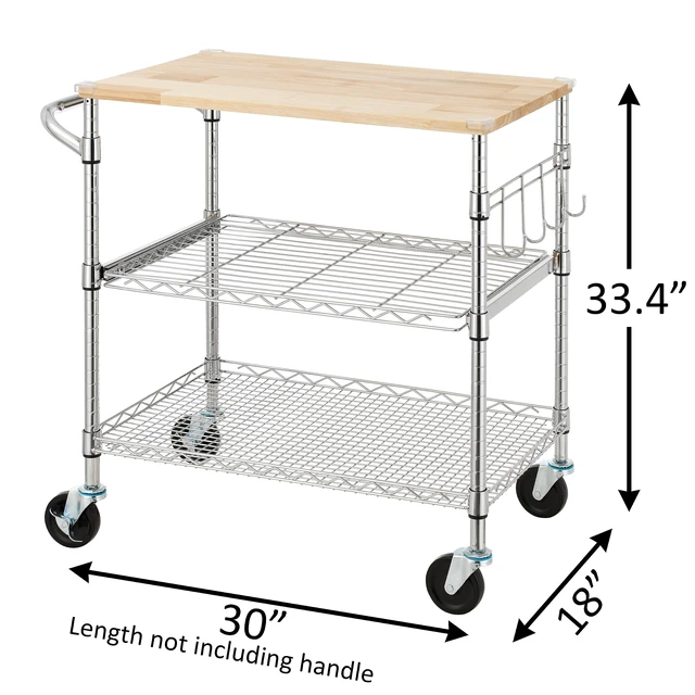 Alt view image 2 of 7 - 3-Tier Rolling Kitchen Cart With 18" D x 30" W Oak Wood Tabletop, Kitchen Island With 4" Wheels and Slider Shelf, Microwave & Coffee Cart With Hooks for Dining Room, Chrome