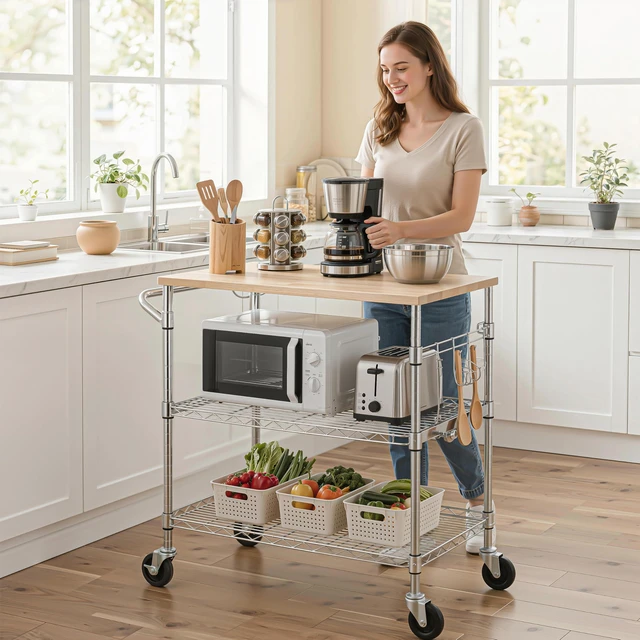 Alt view image 3 of 7 - 3-Tier Rolling Kitchen Cart With 18" D x 30" W Oak Wood Tabletop, Kitchen Island With 4" Wheels and Slider Shelf, Microwave & Coffee Cart With Hooks for Dining Room, Chrome