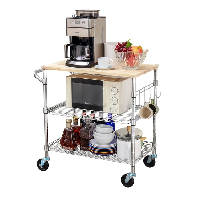 Alt view image 4 of 7 - 3-Tier Rolling Kitchen Cart With 18" D x 30" W Oak Wood Tabletop, Kitchen Island With 4" Wheels and Slider Shelf, Microwave & Coffee Cart With Hooks for Dining Room, Chrome