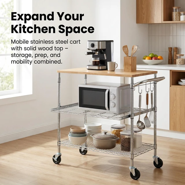 Alt view image 5 of 7 - 3-Tier Rolling Kitchen Cart With 18" D x 30" W Oak Wood Tabletop, Kitchen Island With 4" Wheels and Slider Shelf, Microwave & Coffee Cart With Hooks for Dining Room, Chrome